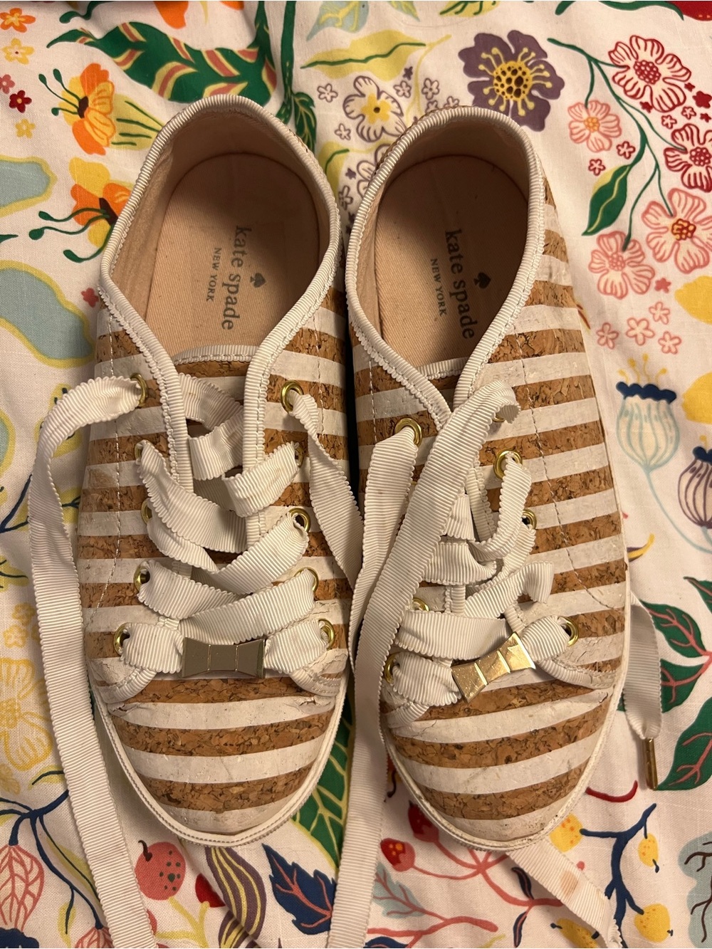 kate spade Kids Cork-Striped Sneakers in White and Brown
